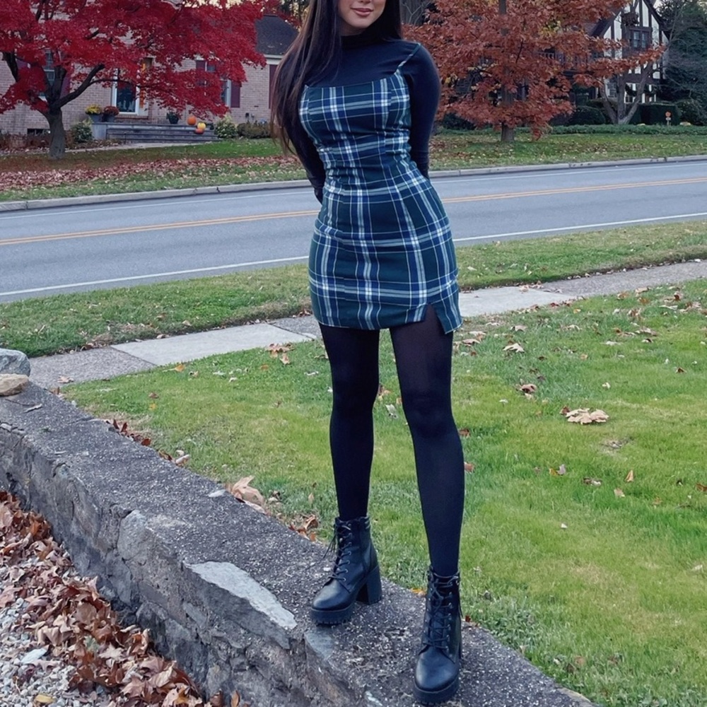 Green plaid mini dress